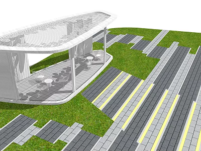 Modern Pergola With Transparent Roof Outdoor Seating On Green Lawn And Striped Paved Paths 3d model