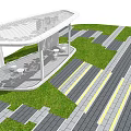 Modern Pergola With Transparent Roof Outdoor Seating On Green Lawn And Striped Paved Paths