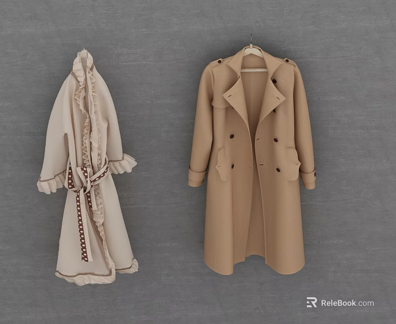Stylish Beige Ruffled Belted Coat And Camel Double Breasted Trench Coat 3d model 