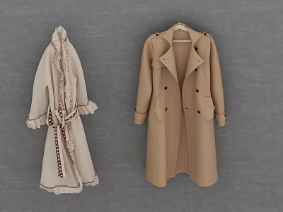 Stylish Beige Ruffled Belted Coat And Camel Double Breasted Trench Coat 3d model