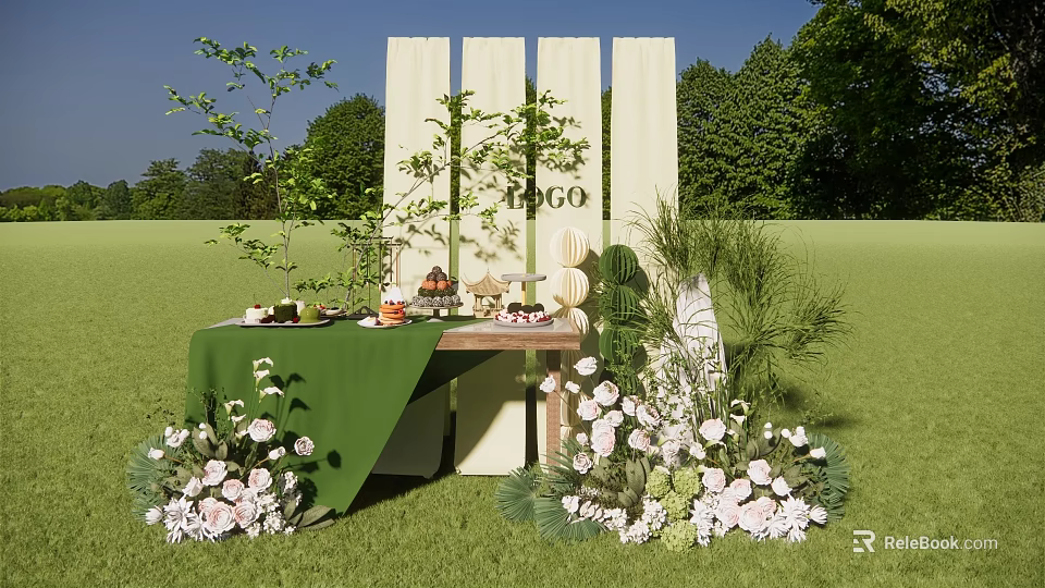 Outdoor Setup With Green Table Food Drinks Pink Flowers Green Plants And White Backdrop 3d model 