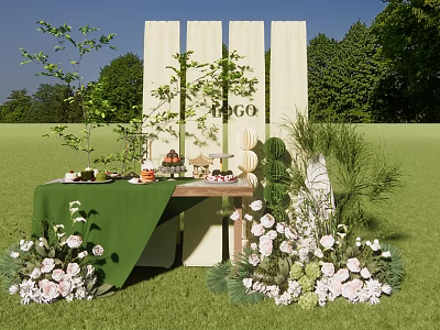 Outdoor Setup With Green Table Food Drinks Pink Flowers Green Plants And White Backdrop 3d model