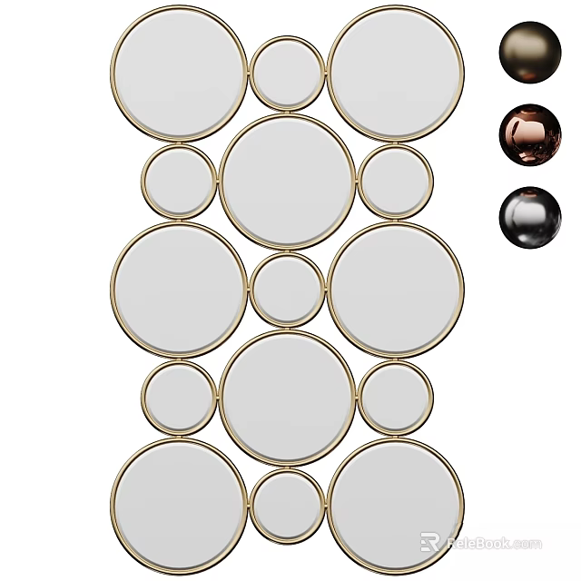 Circular Mirrors With Golden Frames Arranged As Wall Decor And Colored Accents 3d model 