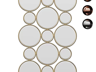 Circular Mirrors With Golden Frames Arranged As Wall Decor And Colored Accents 3d model