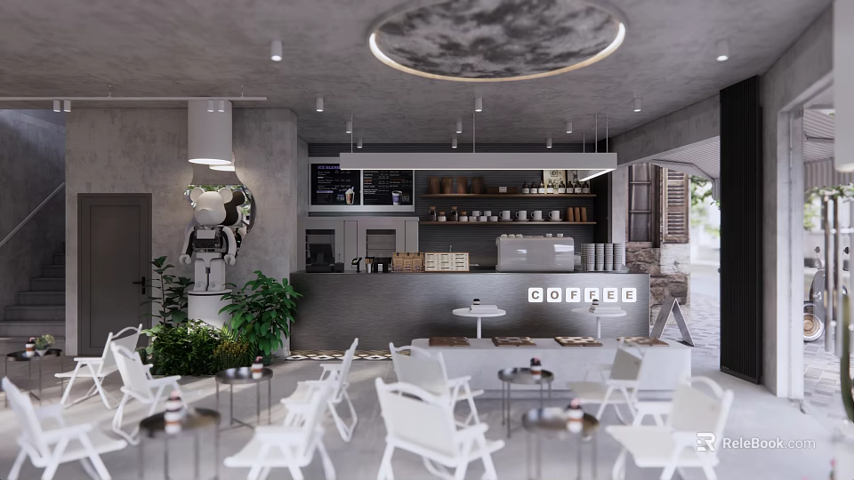 Modern Shop Front Desk With Coffee Machine Bar Counter White Chairs Green Plants And Round Light 3d model 