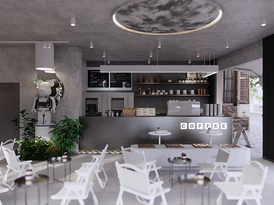 Modern Shop Front Desk With Coffee Machine Bar Counter White Chairs Green Plants And Round Light 3d model