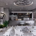 Modern Shop Front Desk With Coffee Machine Bar Counter White Chairs Green Plants And Round Light