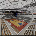Spacious Basketball Arena Interior With Wooden Court Rows of Seats and Overhead Lighting
