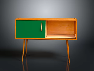 Wooden TV Stand with Green Door Metal Handle and Slim Legs Design 3d model