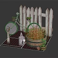 Miniature Garden Display Featuring White Picket Fence Pink Bicycle Wooden Barrel Plants And Watering Can