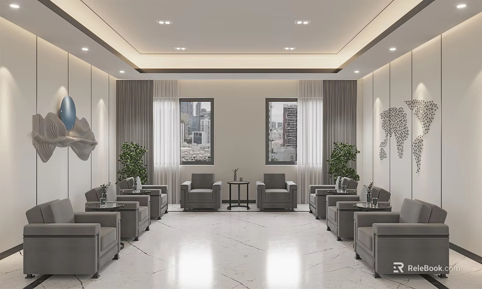 Spacious Modern Hotel Public Lounge Area With Gray Sofas Large Windows And Green Plants 3d model