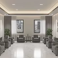 Spacious Modern Hotel Public Lounge Area With Gray Sofas Large Windows And Green Plants 3d model