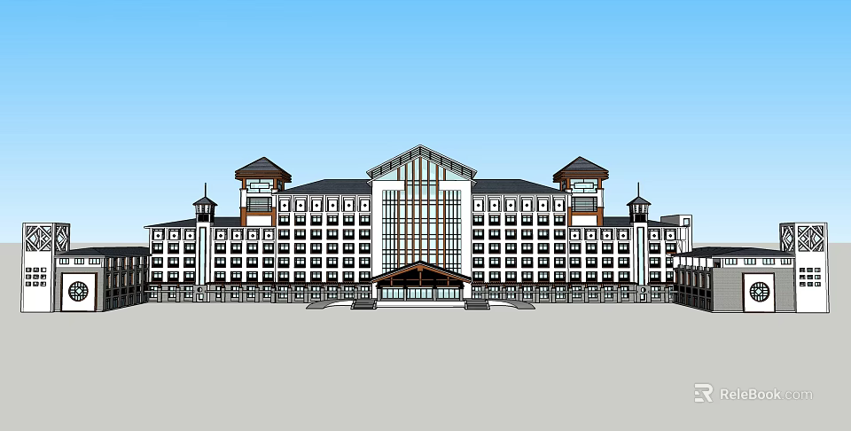 Elegant Hotel Building With Symmetrical Facade Tower Structures And Large Glass Windows 3d model