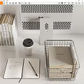 Stylish Decorative Ornament Set with Books Coffee Cup Notebook Pencil Wire Basket and Decorative Print