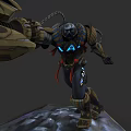 Futuristic Video Game Character With Mechanical Arm Glowing Blue Accents And Battle Stance