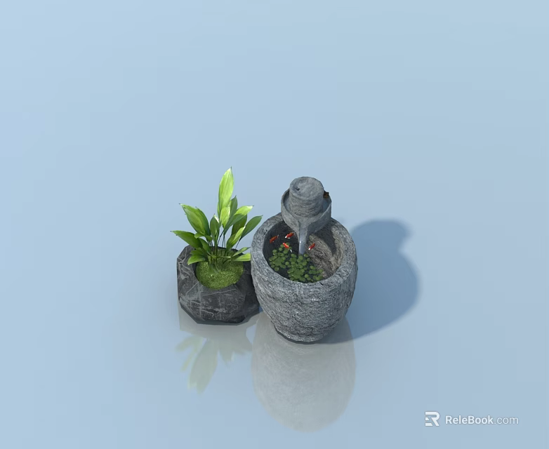 Stone Fountain With Water Droplets And Green Plant On Blue Background 3d model 