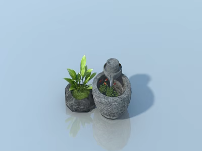 Stone Fountain With Water Droplets And Green Plant On Blue Background 3d model