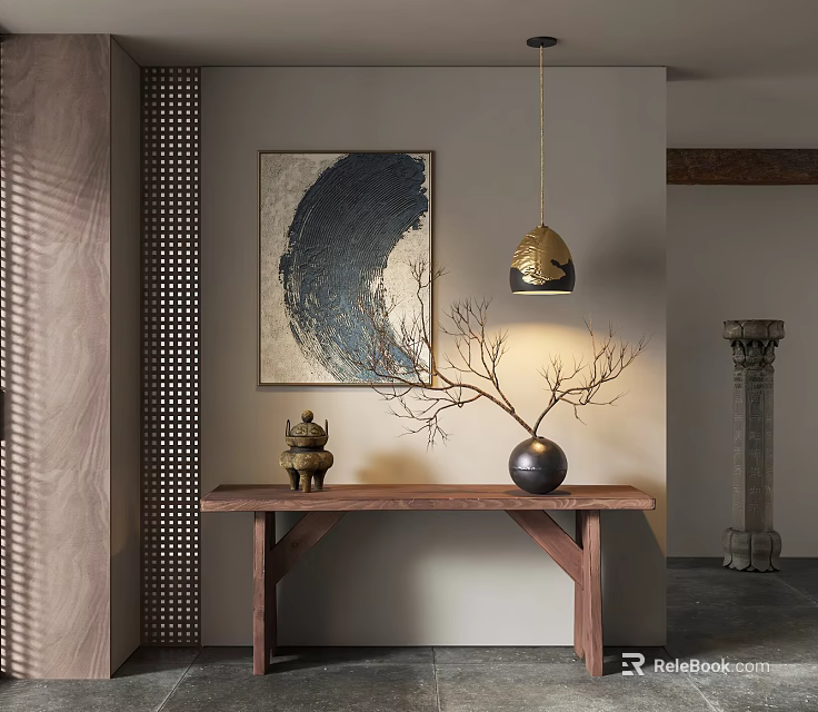 Traditional Chinese Interior Featuring Wooden Table Branch Vase Blue Painting And Golden Pendant Light 3d model 