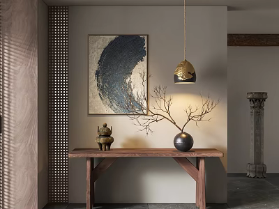 Traditional Chinese Interior Featuring Wooden Table Branch Vase Blue Painting And Golden Pendant Light 3d model