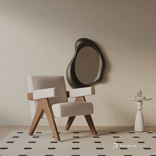 Modern Beige Upholstered Leisure Chair With Wooden Frame And Black Wall Mirror 3d model 