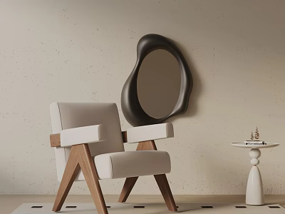 Modern Beige Upholstered Leisure Chair With Wooden Frame And Black Wall Mirror 3d model