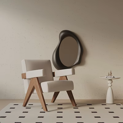 Modern Beige Upholstered Leisure Chair With Wooden Frame And Black Wall Mirror 3d model