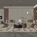 Modern Living Room Interior Design With Beige Sofa Round Coffee Tables Floor Lamp And Plants