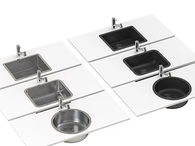 Modern Stainless Steel Kitchen Sinks With Faucet Single and Double Bowl on White Countertops 3d model