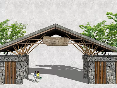 Entrance Gate With Stone Walls Wooden Frame Triangular Roof And Green Trees 3d model