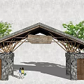 Entrance Gate With Stone Walls Wooden Frame Triangular Roof And Green Trees