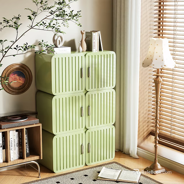 Green Vertical Striped Multi Tiered Console Side Cabinet With Storage Doors And Indoor Plants 3d model 
