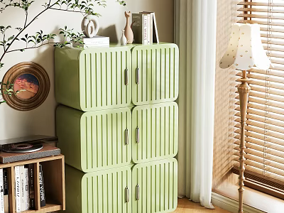 Green Vertical Striped Multi Tiered Console Side Cabinet With Storage Doors And Indoor Plants 3d model