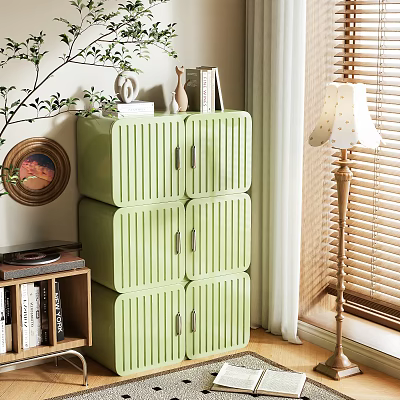 Green Vertical Striped Multi Tiered Console Side Cabinet With Storage Doors And Indoor Plants 3d model