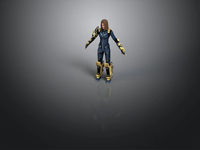 3D Rendered Female Character In Blue And Yellow Armored Suit Standing On Gray Background 3d model