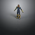 3D Rendered Female Character In Blue And Yellow Armored Suit Standing On Gray Background