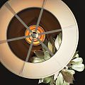 Ivory Lampshade Table Lamp with Glass Globe Base and Green Plant against White Wall Paneling