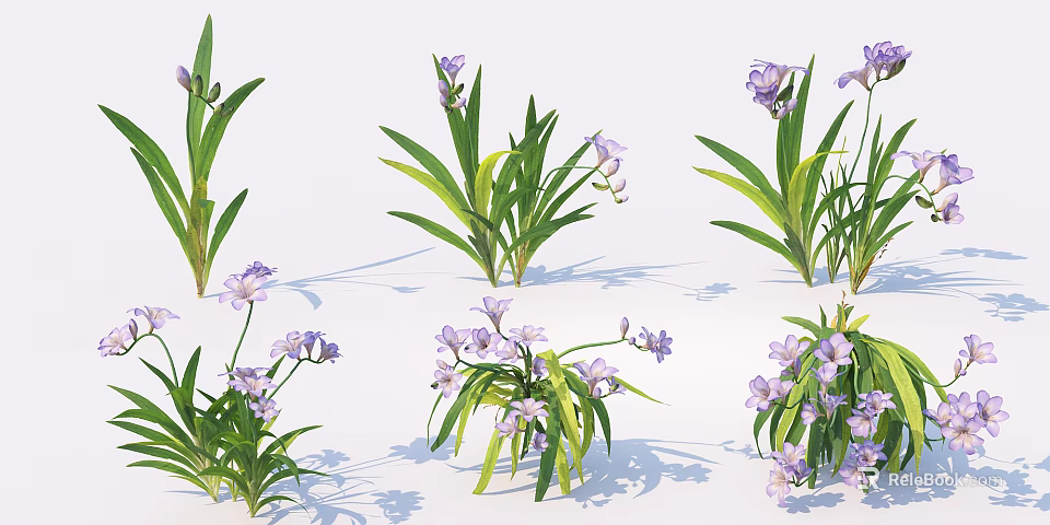 Lush Green Shrubs With Purple Flowers And Vibrant Leaves In Various Forms 3d model 