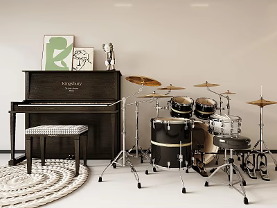 Musical Instruments and Artworks Room Setup with Piano Drum Set and Framed Paintings 3d model