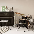 Musical Instruments and Artworks Room Setup with Piano Drum Set and Framed Paintings