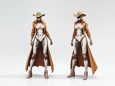 Game and Movie Character With Cowboy Hat Brown Trench Coat Mechanical Body Design 3d model