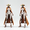 Game and Movie Character With Cowboy Hat Brown Trench Coat Mechanical Body Design