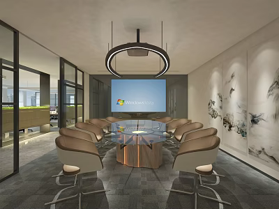 Modern Conference Room With Round Table Projection Screen And Decorative Art 3d model