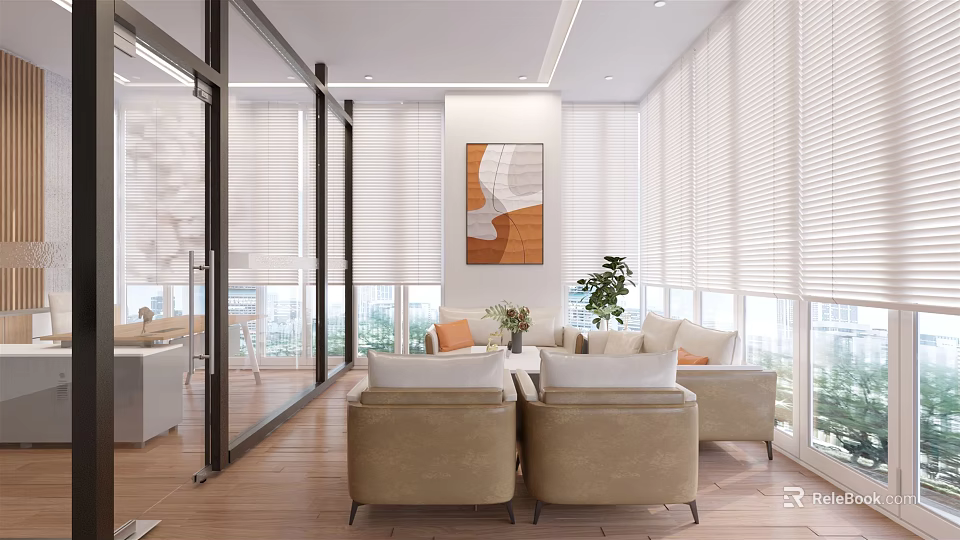 Modern Office Interior With Comfortable Sofas Decorative Artwork Green Plants Floor-to-ceiling Windows And Blinds 3d model
