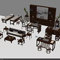 Traditional Chinese Style Wooden Office Desk Interior With Bookshelf Chairs And Green Plants