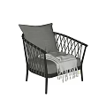 Modern Leisure Chair With Metal Frame Woven Design Gray Cushion And Tassel Blanket