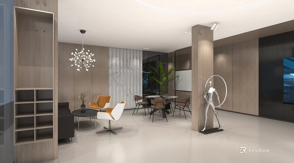 Modern Casual Lounge Area With Comfortable Seats Coffee Table Pendant Light And Green Plant 3d model 