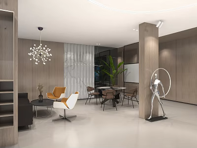 Modern Casual Lounge Area With Comfortable Seats Coffee Table Pendant Light And Green Plant 3d model