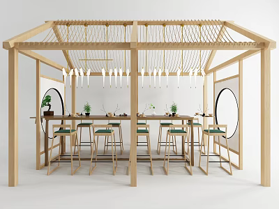 Wooden Bar Counter With Hanging Lights Stools And Potted Plants In Modern Canopy 3d model