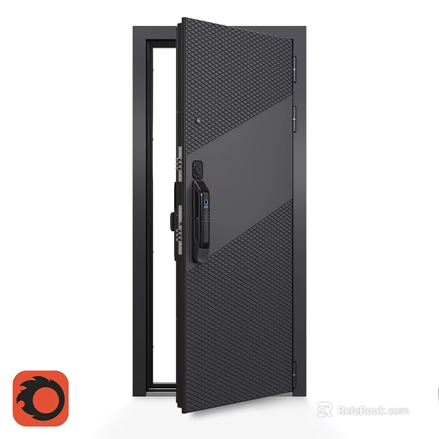 Black Modern Swing Door With Perforated Panel Metal Frame And Security Lock 3d model 