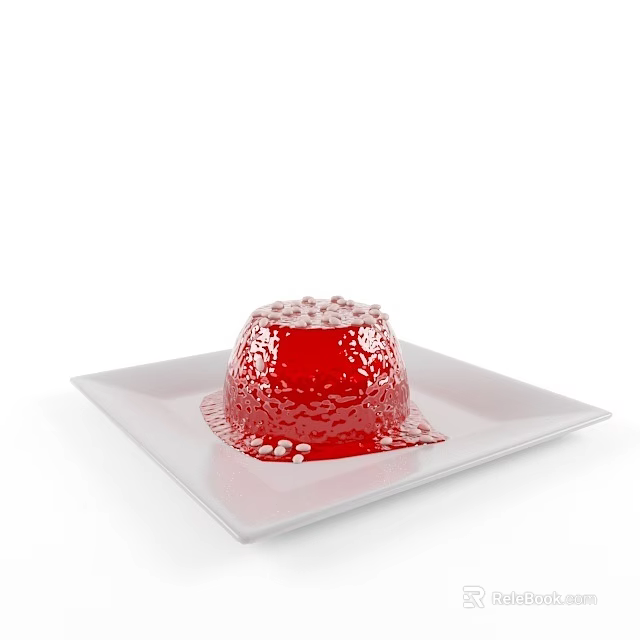 Red Jelly Dessert with Shiny Surface Served on White Plate and Decorated with Small Toppings 3d model 